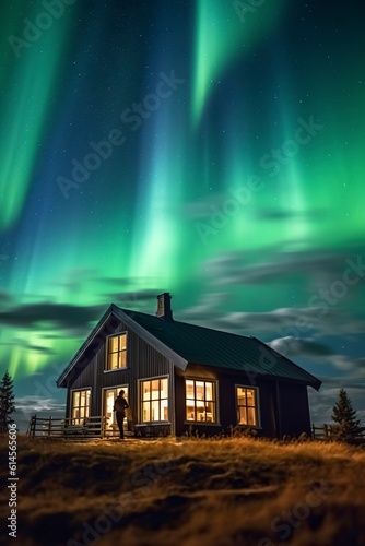 Evocative vertical photo of an aurora borealis in front of a detached rural house in the woods.