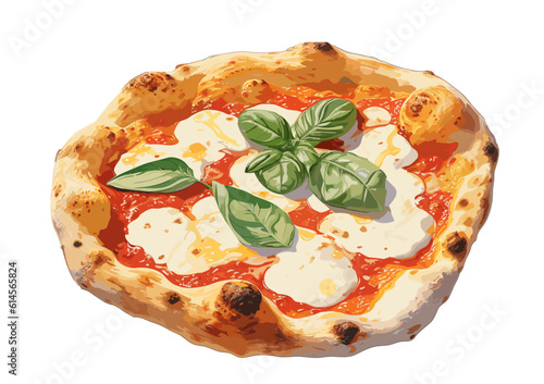 neapolitan pizza with big fluffy crust and with fior di latte and basil, vector, illustration