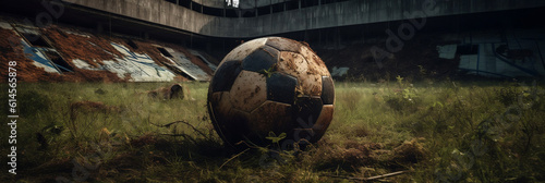 Canvas-taulu An abandoned stadium where a worn,out soccer ball lies motionless on an overgrow