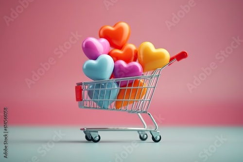 With copy space available, a shopping cart is filled with heart-shaped balloons, representing a romantic gift idea.