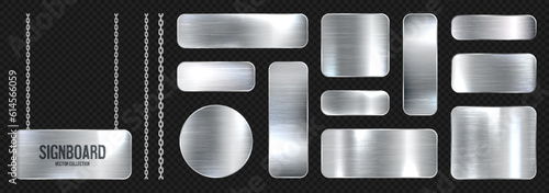 Metal banners hanging on a chain. Realistic shiny steel plate with screws. Polished silver metal surface. Vector illustration