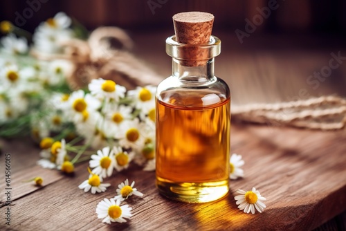 Wallpaper Mural Small bottle with therapeutic essential oils, together with delicate daisy flowers. Torontodigital.ca