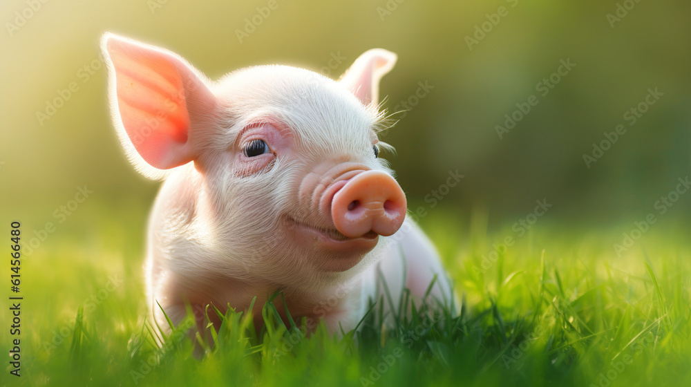 Cute pig on grass. Generative AI