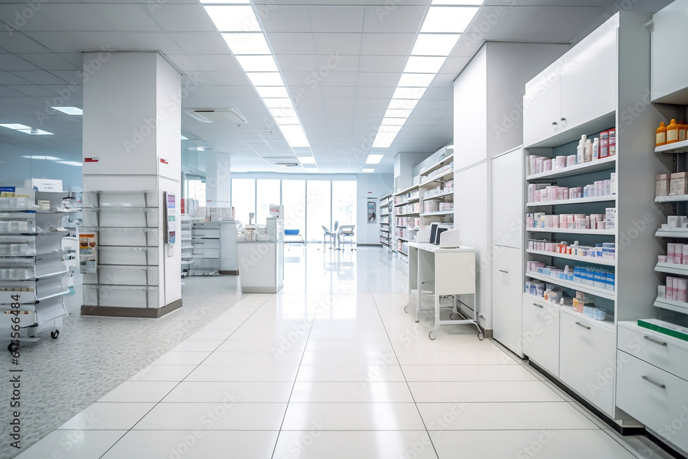 Pharmacy interior,, inside an empty pharmacy