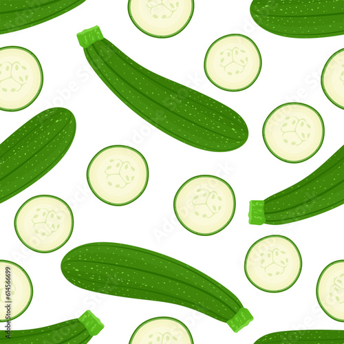 Seamless pattern with whole zucchini and zucchini cut slices on white background. Endless or repeated texture. Natural vegetarian fresh courgette or baby marrow. Flat vector illustration