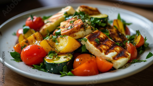 Grilled halloumi and vegetable salad