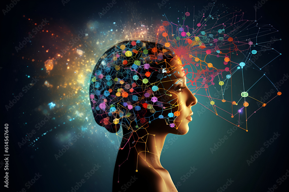 Human head face logo, creative brain. Neural network data processing - obrazy, fototapety, plakaty 