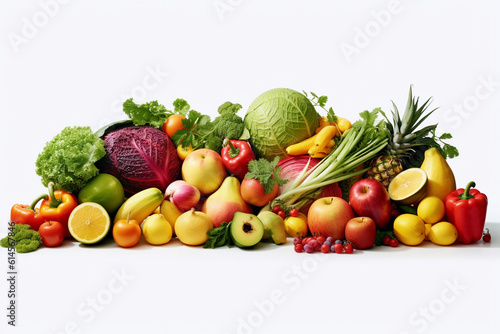 Bunch of fruits and vegetables in a white background. Generative AI