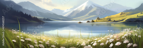White meadow flowers on the background of mountains and lake, Digital painting, floral scenery, Generative AI