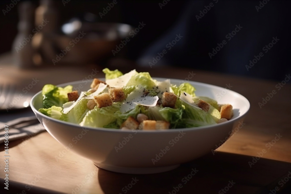 Delicious caesar salad on a plate in a cafe. Generative AI. Delicious caesar salad on a plate in a cafe. Generative AI.