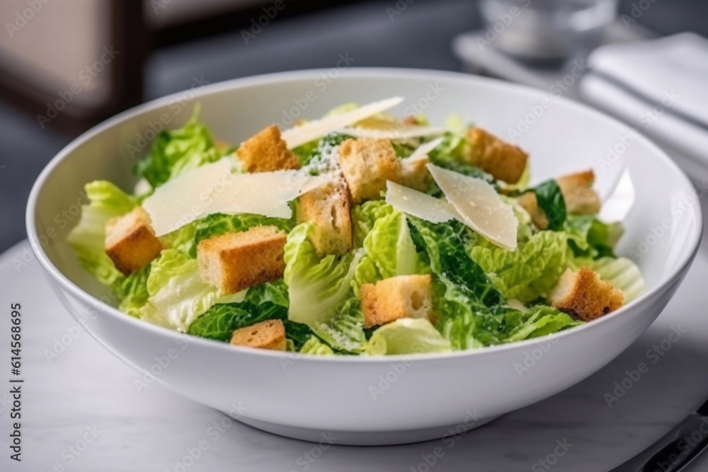 Delicious caesar salad on a plate in a cafe. Generative AI. Delicious caesar salad on a plate in a cafe. Generative AI.