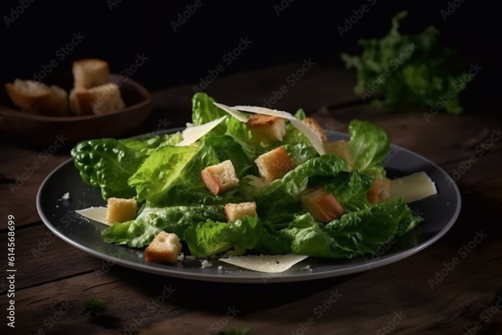 Delicious caesar salad on a plate in a cafe. Generative AI. Delicious caesar salad on a plate in a cafe. Generative AI.
