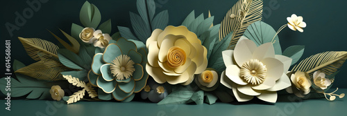 beaful spring floral composition of golden green 3d rendering paper flowers  Generative AI