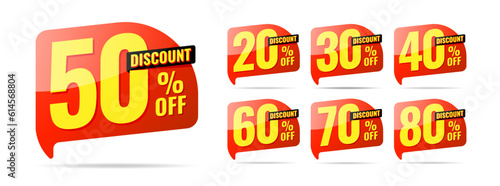 Discount label pop up banner with different sale percentage. 20, 30, 40, 50, 60, 70, 80 percent off price reduction badge promotion design emblem set vector illustration isolated on white background.