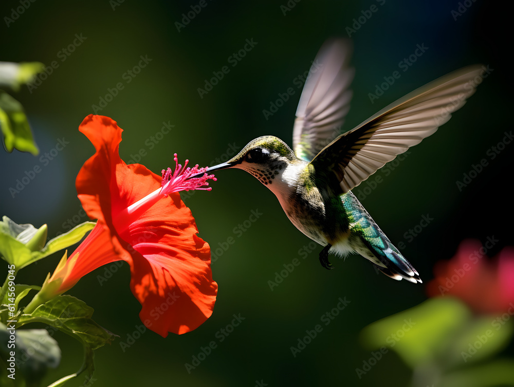 Naklejka premium a hummingbird flying near a flower, in the air with its wings spread out and its wings spread wide open, with a blurry background of red flowers in the foreground. generative ai