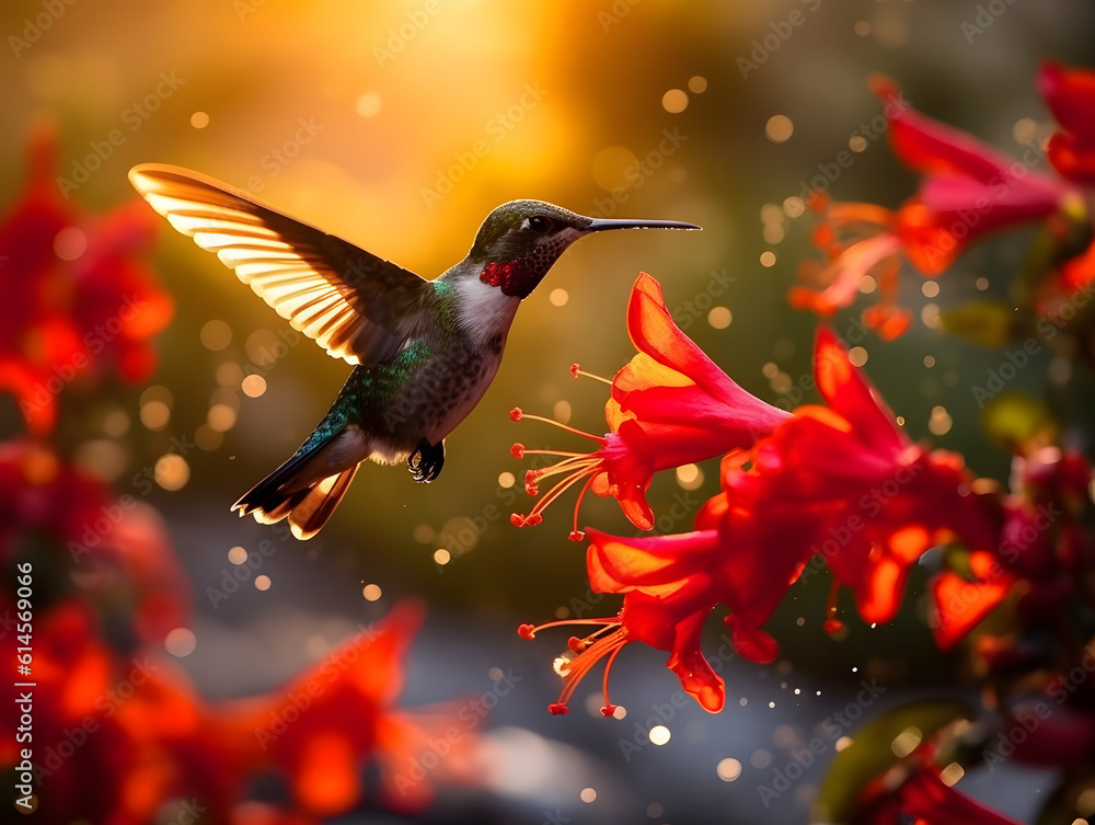 Fototapeta premium a hummingbird flying near a flower, in the air with its wings spread out and its wings spread wide open, with a blurry background of red flowers in the foreground. generative ai