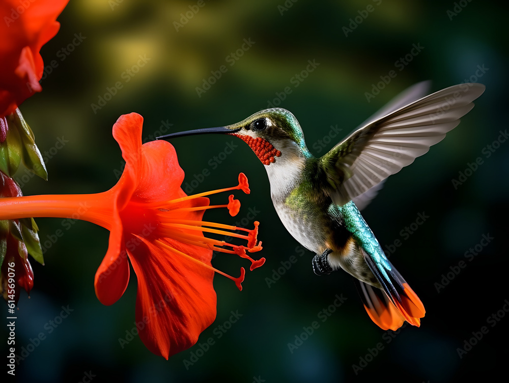 Fototapeta premium a hummingbird flying near a flower, in the air with its wings spread out and its wings spread wide open, with a blurry background of red flowers in the foreground. generative ai