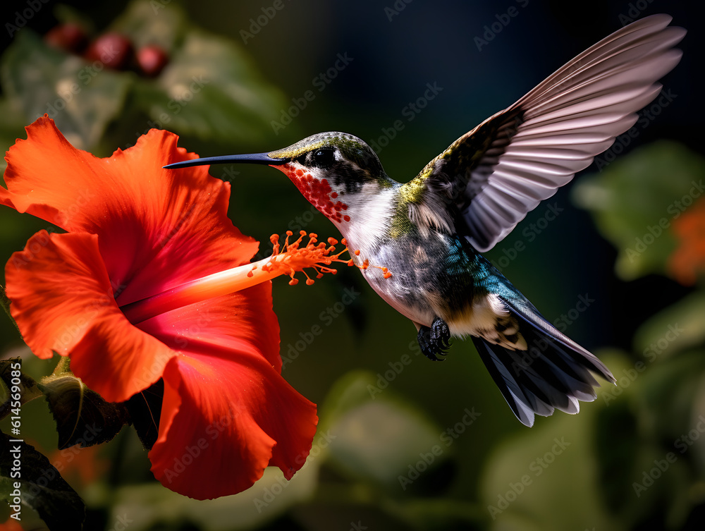 Naklejka premium a hummingbird flying near a flower, in the air with its wings spread out and its wings spread wide open, with a blurry background of red flowers in the foreground. generative ai