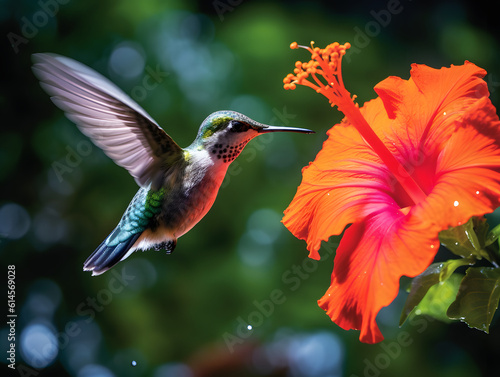 a hummingbird flying near a flower, in the air with its wings spread out and its wings spread wide open, with a blurry background of red flowers in the foreground. generative ai © Wonder AI Studios