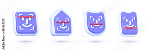 Face id set in 3d style on white background. Digital illustration. Data technology. 3D Vector icon set