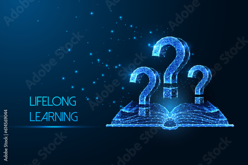 Lifelong learning, self education, knowledge acquisition concept with open book and question marks