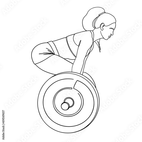 Woman Weight Lifter side view outline vector illustration. Strength Training, Body Building Concept. Female athlete doing back squats, deadlifts, and barbell overhead press.