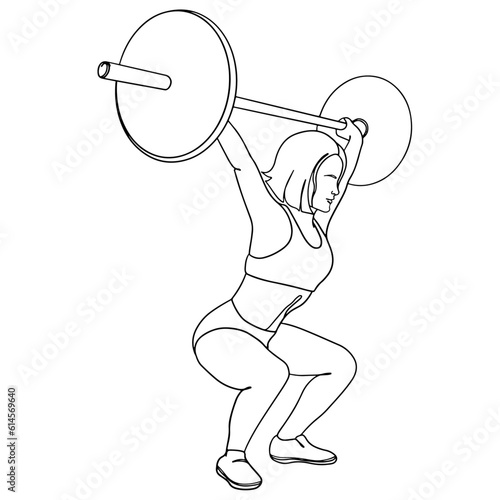 Female Weight Lifter Character outline vector illustration. Strength Training, Body Building Concept. Woman athlete doing back squats, deadlifts, and barbell overhead press.