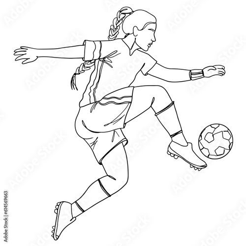 Football player woman jumping and kicking the ball in the air outline vector illustraion. Footballer girl digs the ball in a jump line art vector illustration, side view.