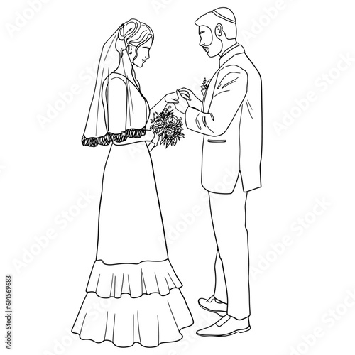 Jewish wedding, the bride and groom in a kippah puts on a wedding ring outline vector illustration. Bride with wedding bouquet and fiance in kippah linear illustration.