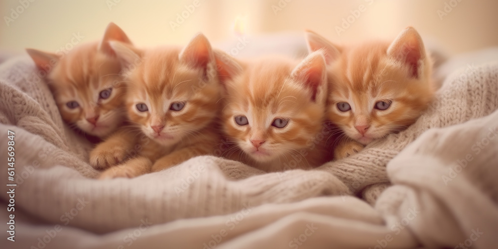 Three kittens laying on a blanket looking at the camera. Generative AI.