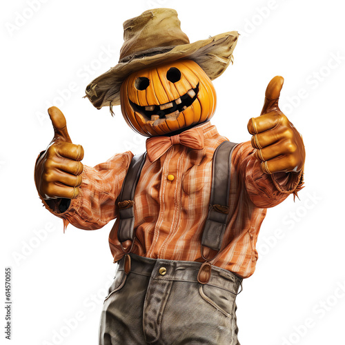 Fototapeta Funny scarecrow with pumpkin head thumbs up isolated on transparent background -