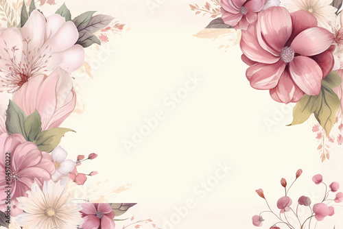 A blank floral invitation showcases a delicate arrangement of light and dark pink flowers with lush green leaves on a pristine white background. The elegant design invites creativity and customization