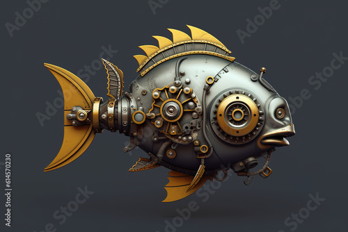 A metal fish with gears on it's body. Generative AI.