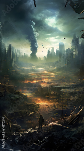 Solitary survivor standing in a desolate landscape with a decimated city skyline in the distance, solitude and survival in a post-apocalyptic world, generative AI.