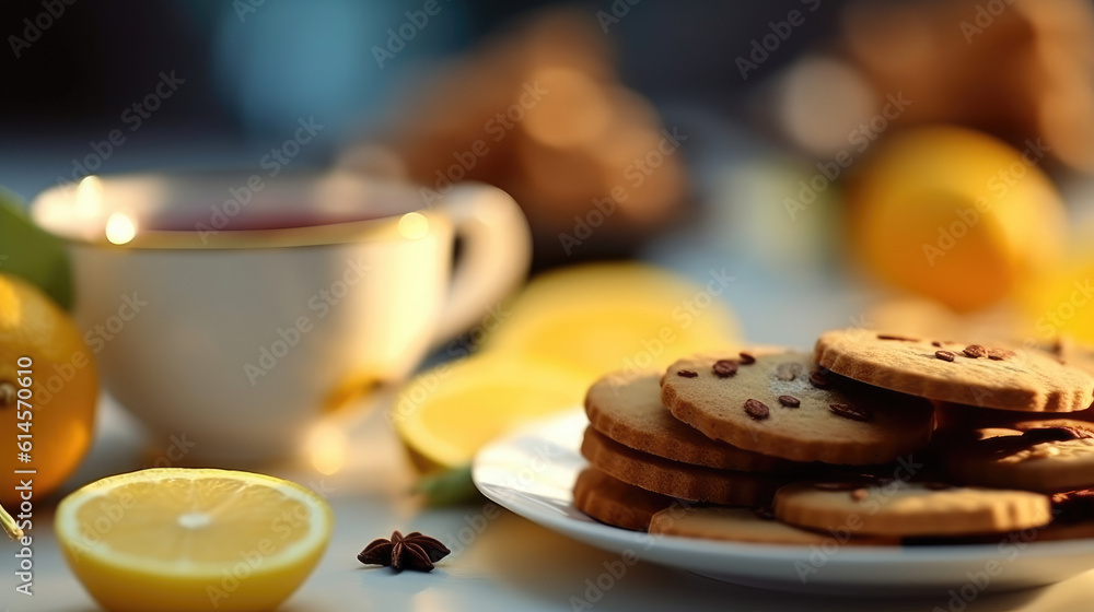 Tea, cake and lemon slices on the table Tea, cake and lemon slices on the table