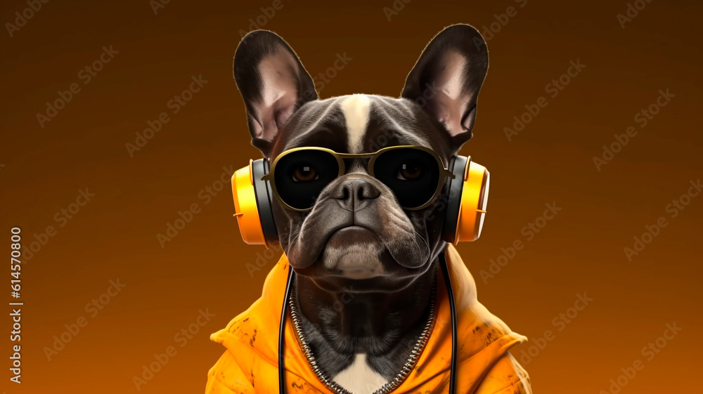 The character of a stylish French bulldog wearing headphones listens to music

