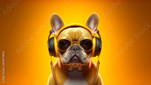 The character of a stylish French bulldog wearing headphones listens to music