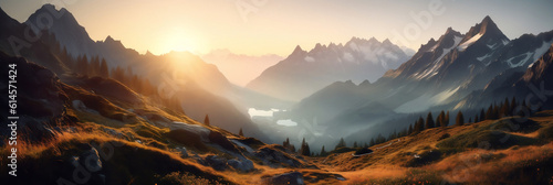 stunning swiss landscape with mountains at sunrise, Generative AI