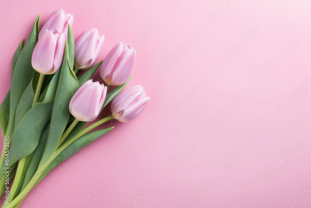 Gorgeous spring tulip flowers elegantly displayed in a flat lay style on a pink background. A delightful choice for Spring Sale banners or greetings on Women's or Mother's Day.  generative AI.