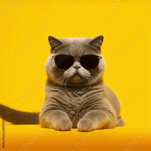 An adorable cat donning sunglasses stands out against a bold yellow backdrop. This eye-catching image, generated by AI, 