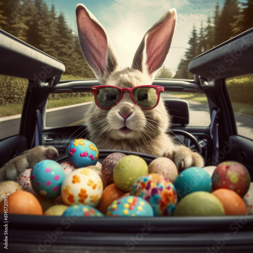 A cute Easter Bunny wearing sunglasses, peering out of a car filled with colorful Easter eggs. Created using generative AI, this image is a playful representation of the holiday.