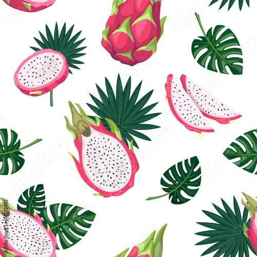 Tropical seamless pattern with dragon fruit or pitahaya and tropical monstera and fan palm leaves. Fruit background in Hawaiian style.