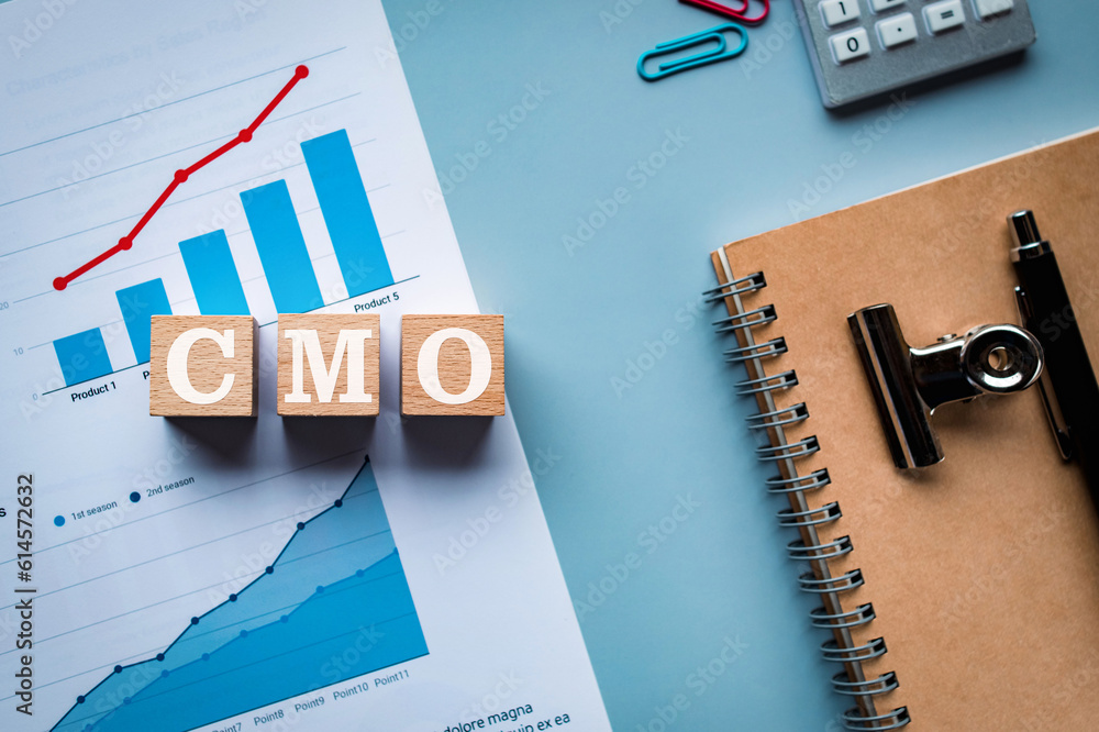 There is white cube with the word CMO. It is an abbreviation for Chief Marketing Officer as eye-catching image. There is white cube with the word CMO. It is an abbreviation for Chief Marketing Officer as eye-catching image.