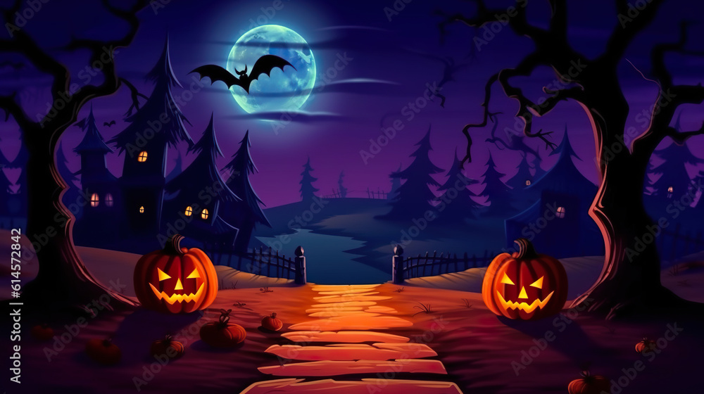 Fototapeta premium A halloween scene with pumpkins and bats. Generative AI.
