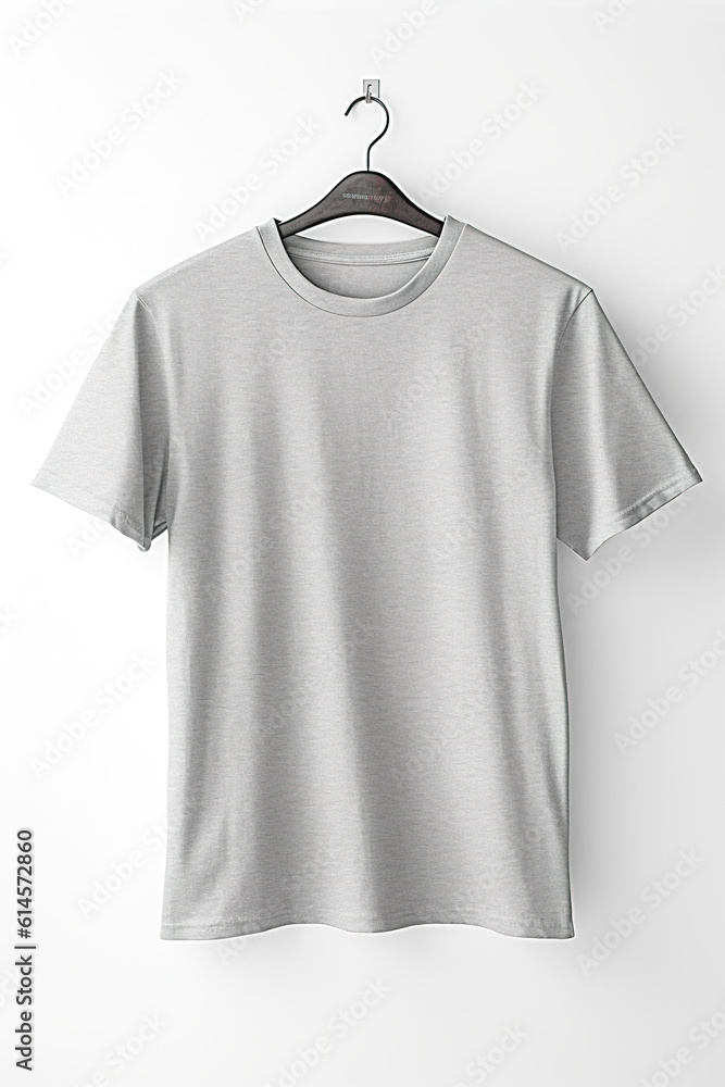 A gray t-shirt hanging on a hanger. Generative AI. Tshirt mockup, copy space. A gray t-shirt hanging on a hanger. Generative AI. Tshirt mockup, copy space.