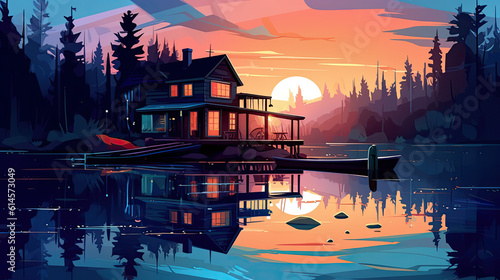Cartoon Lakehouse Sunset
