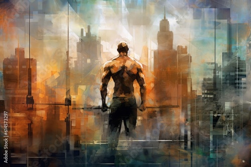 Painting of a man in gym, standing in front of a big city. Generative AI © bluebeat76