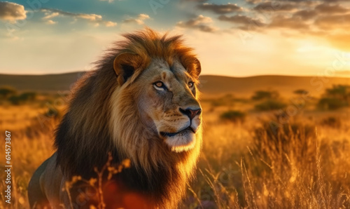 Lion king sitting watching over the African savannah 