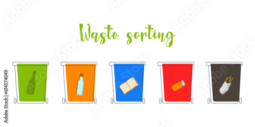 Sorting garbage. Separation by material and type in colored trash cans. Colored containers. Ecological recycling. Doodle style. Vector illustration.
