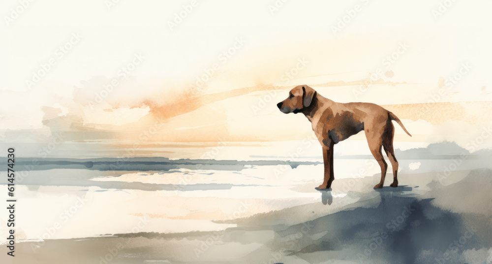 Lost Dog On The Beach Beyond the Horizon: Watercolor Art of a Lost Dog on the Beach - A Thought.  Tribute to the Bond Between Pet and Owner.